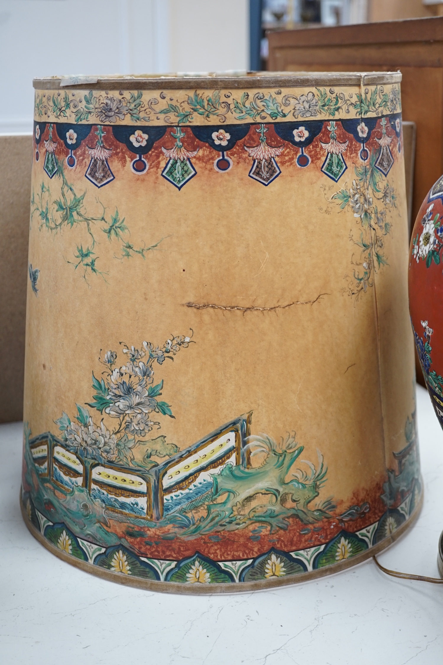 A Japanese Kutani vase, converted to a lamp with hand painted paper shade, lamp 43cm high not including fitting. Condition - poor